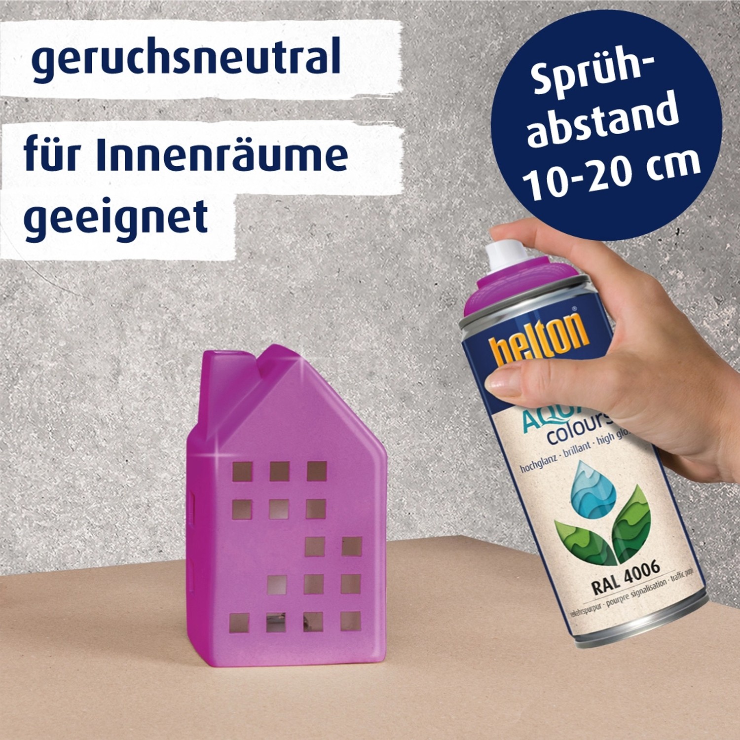 Belton Free AQUAcolours Buntlack RAL 4006 Verkehrspurpur hochglänzend, Anwendung mit Farbspraydose.