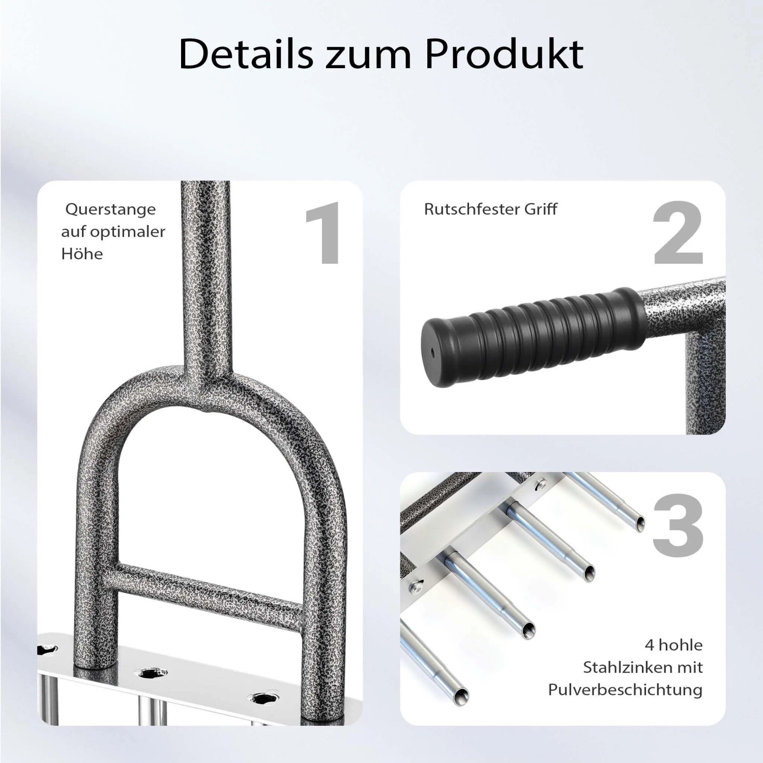 Details des Wiltec Hand Aerifizierers: T-Griff, rutschfester Gummigriff und 4 hohle Stahlzinken für Rasenlüftung.