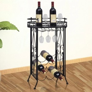 Schwarzes VidaXL Weinregal aus Metall für 9 Flaschen und Gläser, mit Flaschen und Gläsern dekoriert.