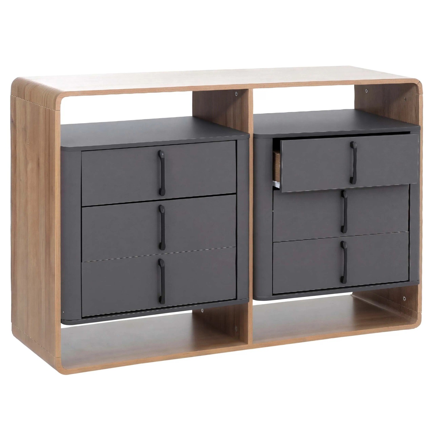 MCW Kommode P43 6 Schubladen MDF 80x120x42cm Rivera-Eiche-Optik Dunkelgrau
