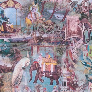 PROFHOME Vliestapete mit Dschungel-Motiv in Blau, Braun, Lila und Rosa. Asiatische und exotische Elemente.