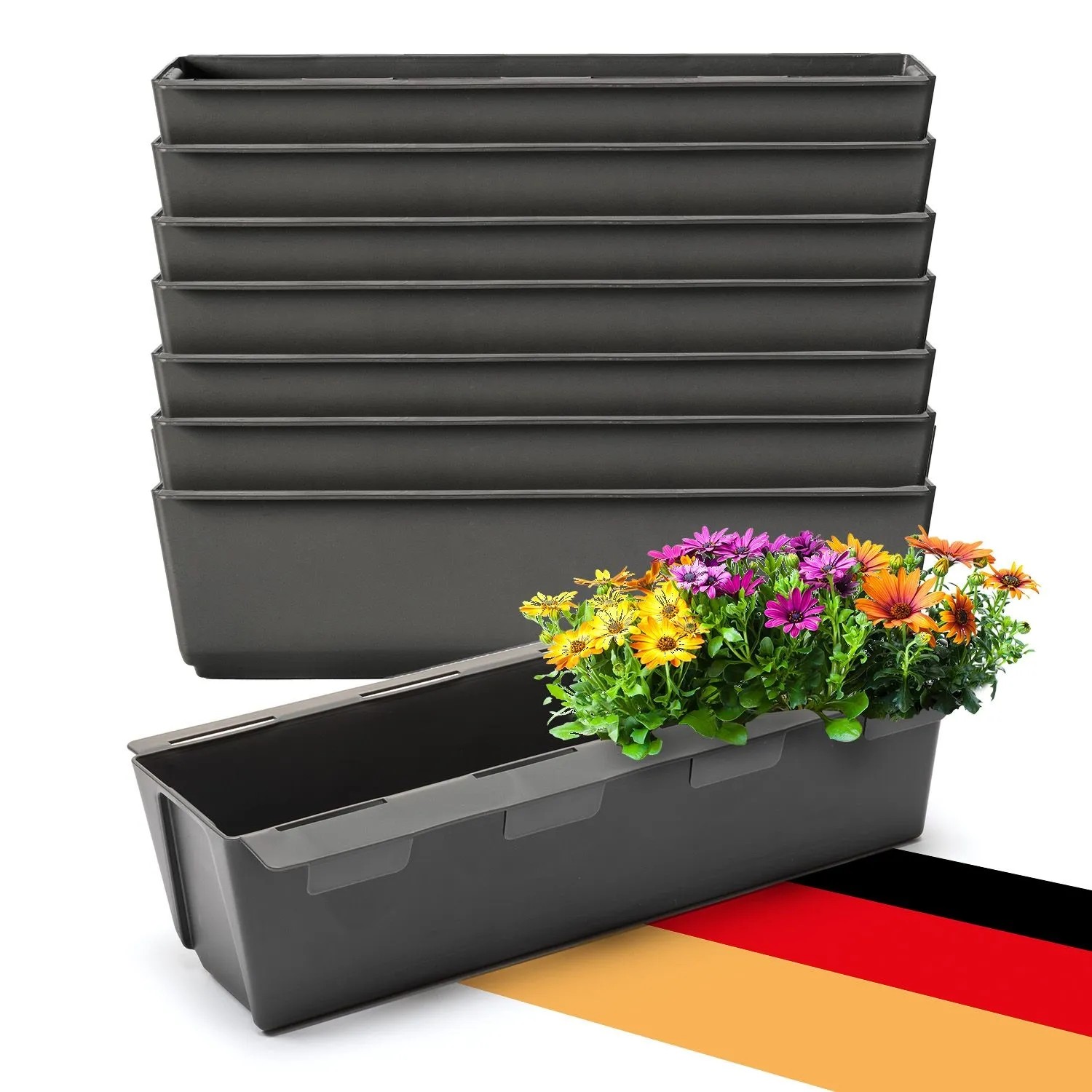 8er Set anthrazitfarbene Paletten Blumenkästen mit Hängesystem. Rechteckige Pflanzkästen für Balkon, Garten, Europaletten.