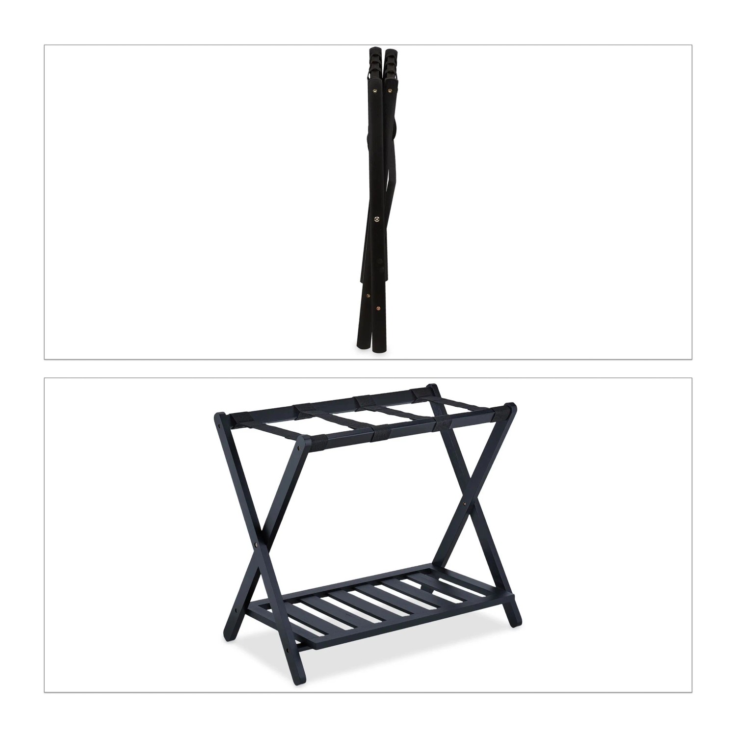 Relaxdays Kofferständer Bambus Schwarz Klappbar mit Ablage 59 x 68 x 40 cm 3 kg