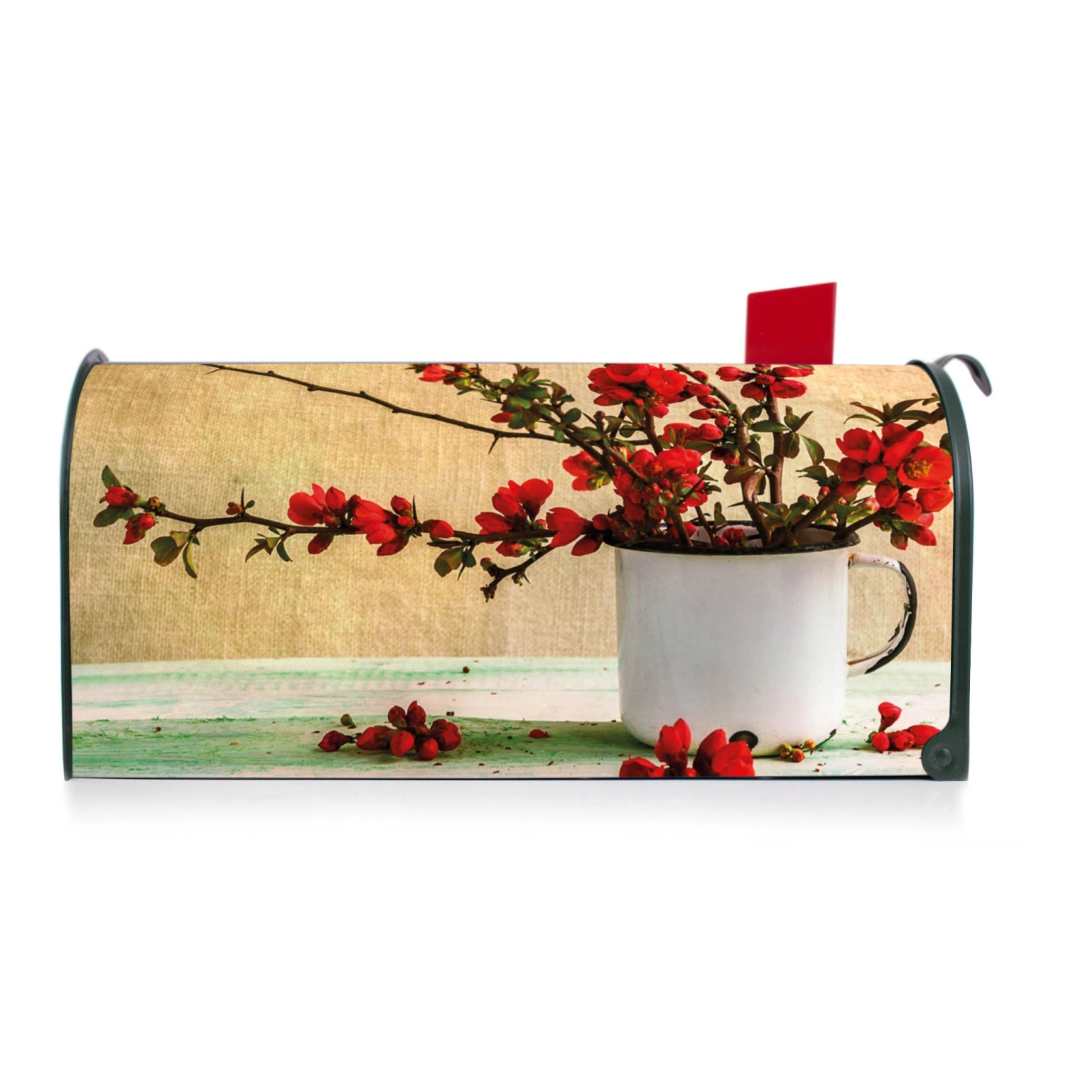 Grüner Banjado Briefkasten mit Berberitzen-Motiv. US Mailbox im Vintage-Look mit roter Fahne.