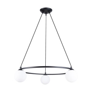Schwarzer Sollux Lighting Kronleuchter Yoli 3 mit drei weißen Glaskugeln. Moderne Lampe für Wohnzimmer.