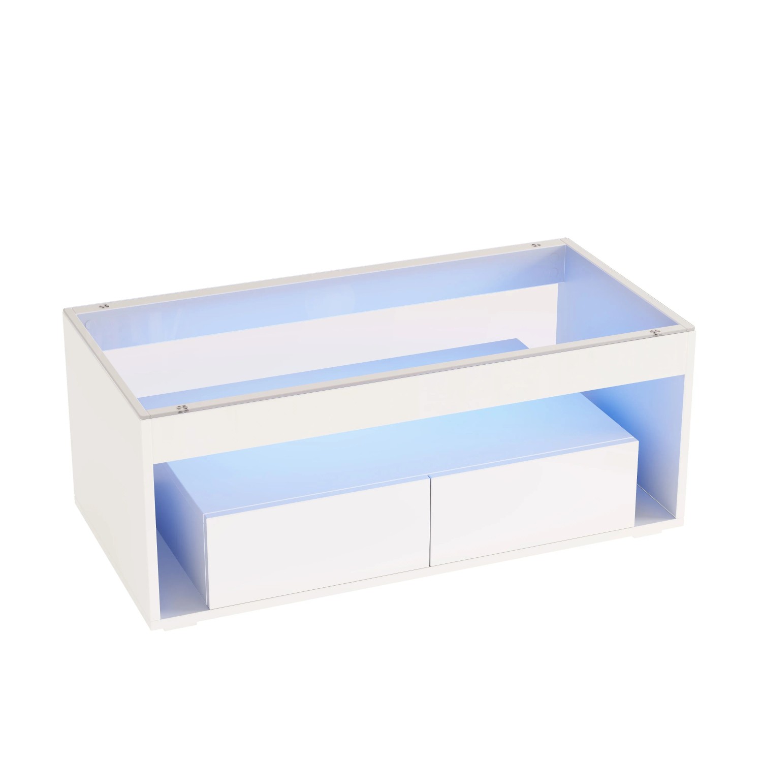 okwish Couchtisch mit LED Licht Schubladen Glas Design 100x50x40cm Weiß