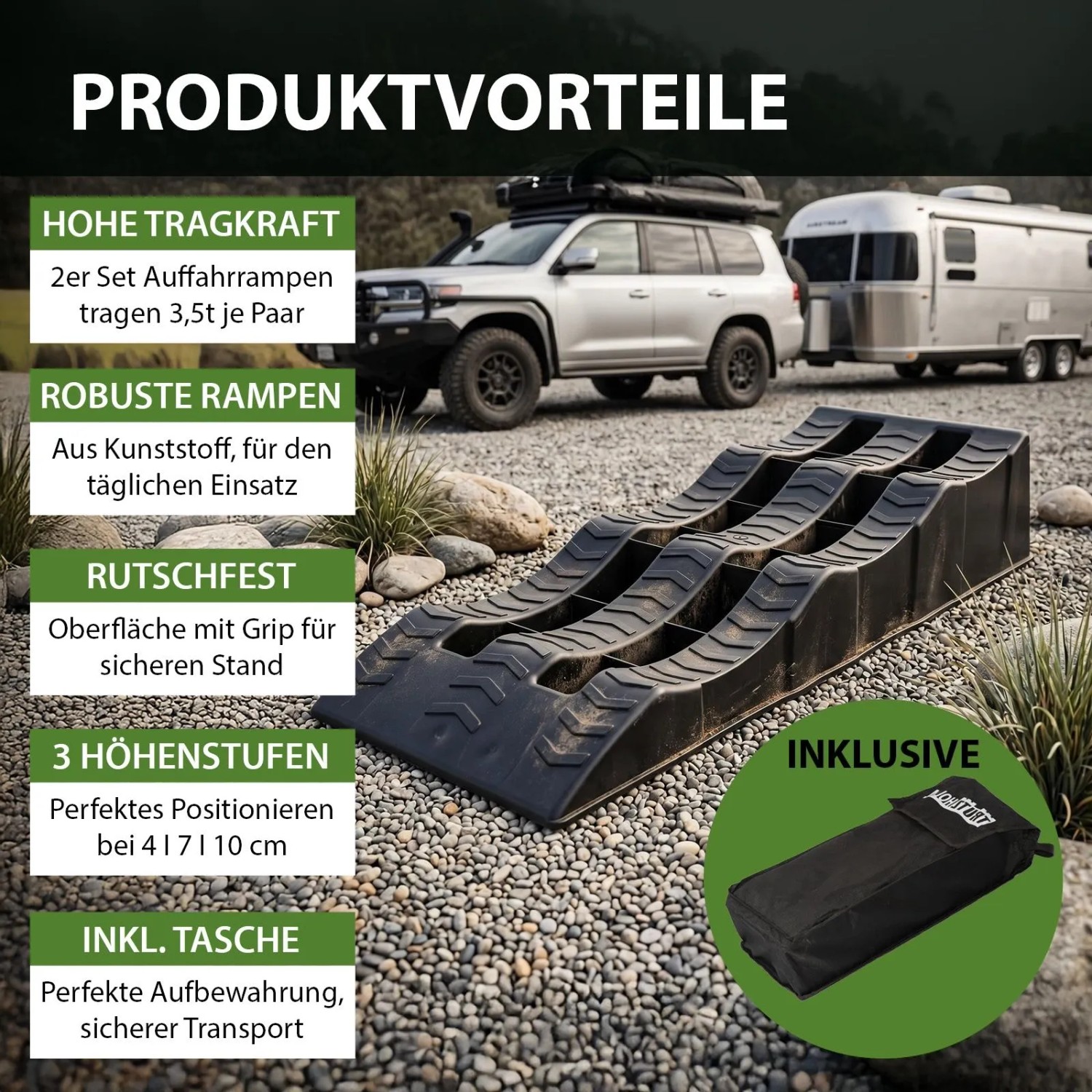 TRUTZHOLM Auffahrkeile für Wohnmobil, 3,5t, 60x21x12 cm, mit Tasche. Zubehör für Autoanhänger.