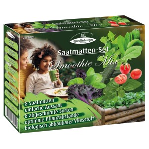 Quedlinburger Saatmatten Smoothie Mix: Packung mit Spinat, Gurke, Petersilie, Grünkohl, Basilikum, Tomate und Minze.