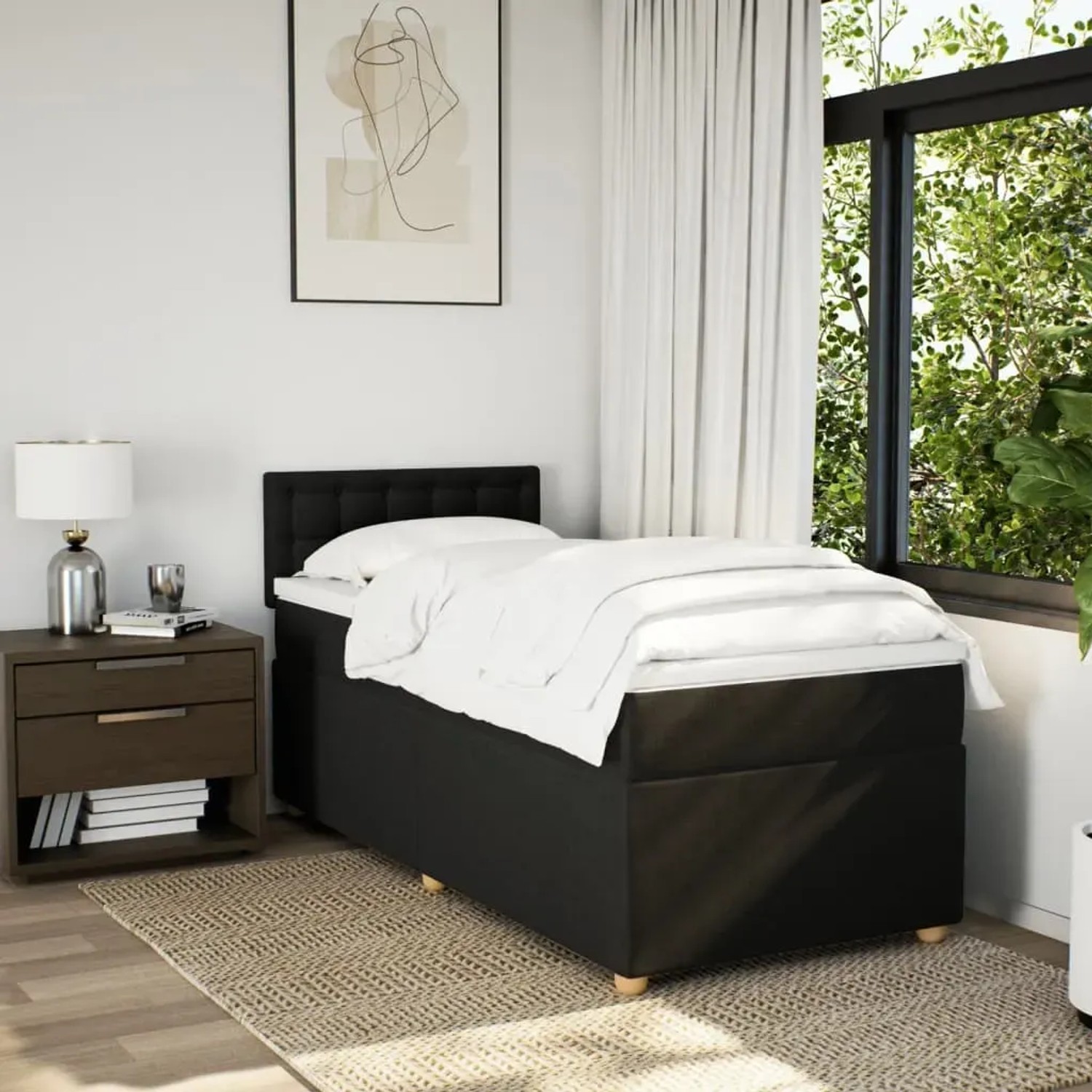 Schwarzes vidaXL Boxspringbett 100x200 cm mit Matratze im Schlafzimmer.