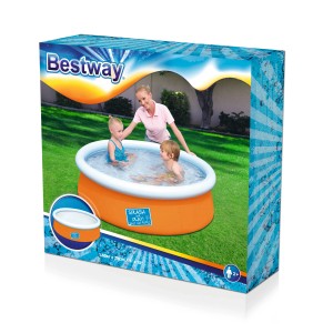 Verpackung des Bestway Kinderpool My First Fast Set, Ø 152x38 cm, orange mit Kindern im Pool.