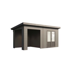 Modernes, anthrazitfarbenes Finnhaus Wolff WPC Gerätehaus Tona 5024 mit Doppeltür und überdachtem Bereich.