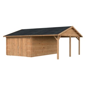 Palmako Garage Roger mit Holztor, hellbraun, mit Carport Anbau.