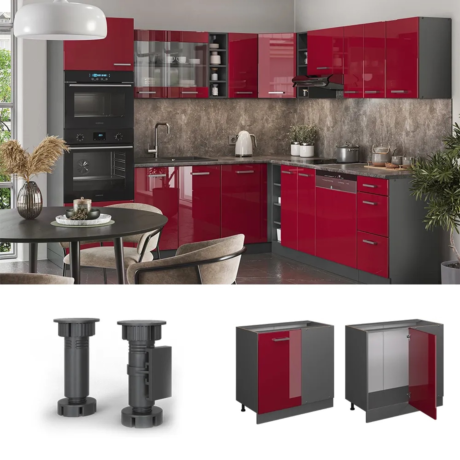 Vicco Eckunterschrank R-Line in Bordeaux Hochglanz/Anthrazit, 86 cm, ohne Arbeitsplatte. Küchenschrank für Ecklösungen.