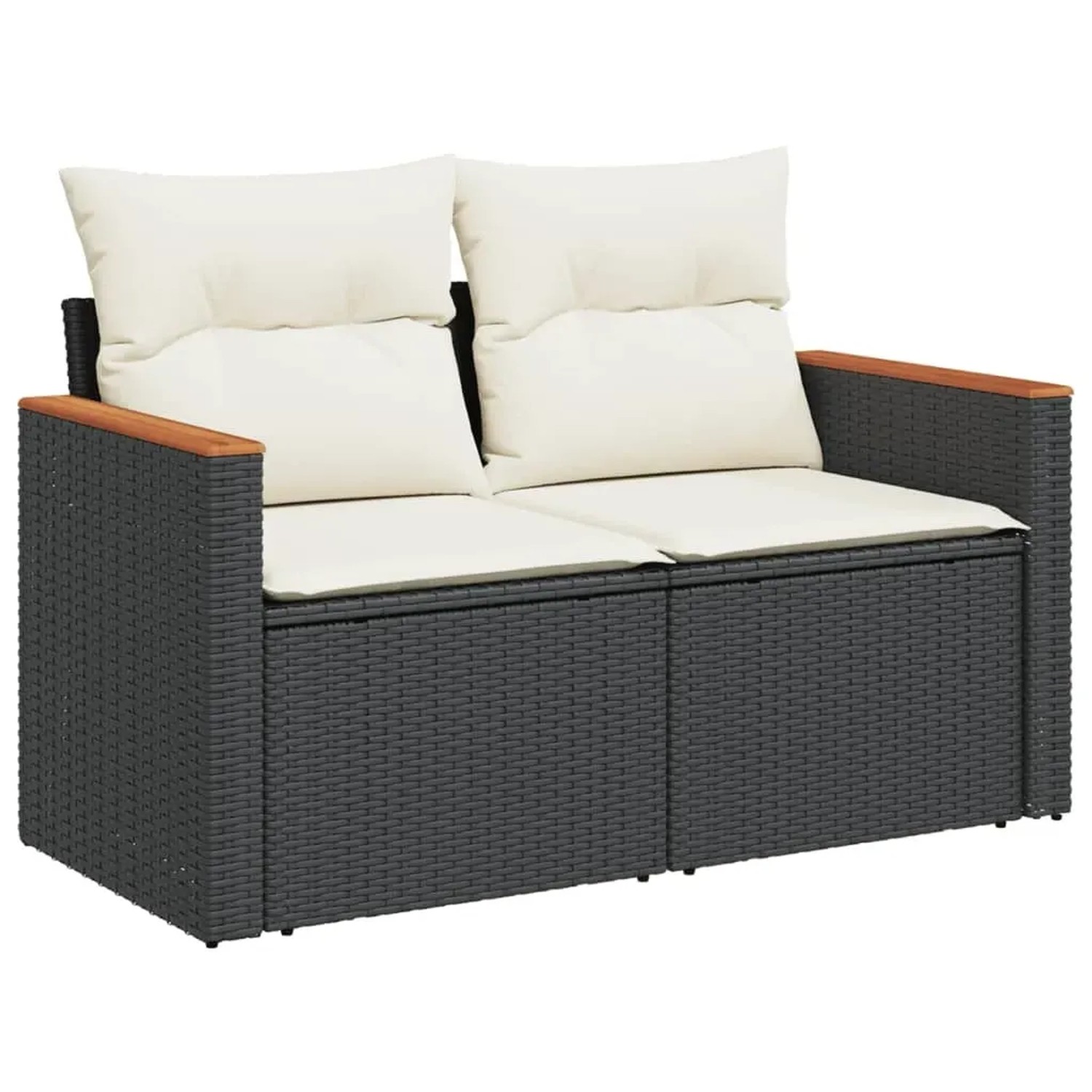 Schwarze vidaXL Garten-Sofagarnitur aus Rattan mit cremeweißen Kissen für Terrasse und Garten.