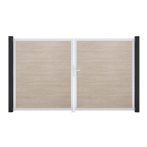 GroJa Steckzaun Tor BasicLine, 2-flügelig, Sheffield Oak Optik, mit weißem Rahmen und schwarzen Pfosten.