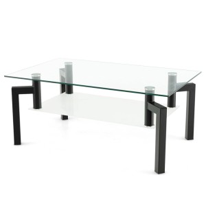 Costway Couchtisch mit Glasplatte und Ablage, schwarzes Metallgestell.