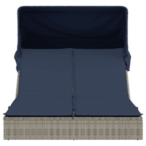 vidaXL Doppelte Sonnenliege mit Baldachin und Kissen, grau, Poly-Rattan 368644