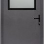Anthrazitfarbene Stahl-Nebeneingangstür mit Glaseinsatz, nach innen öffnend, Anschlag rechts.
