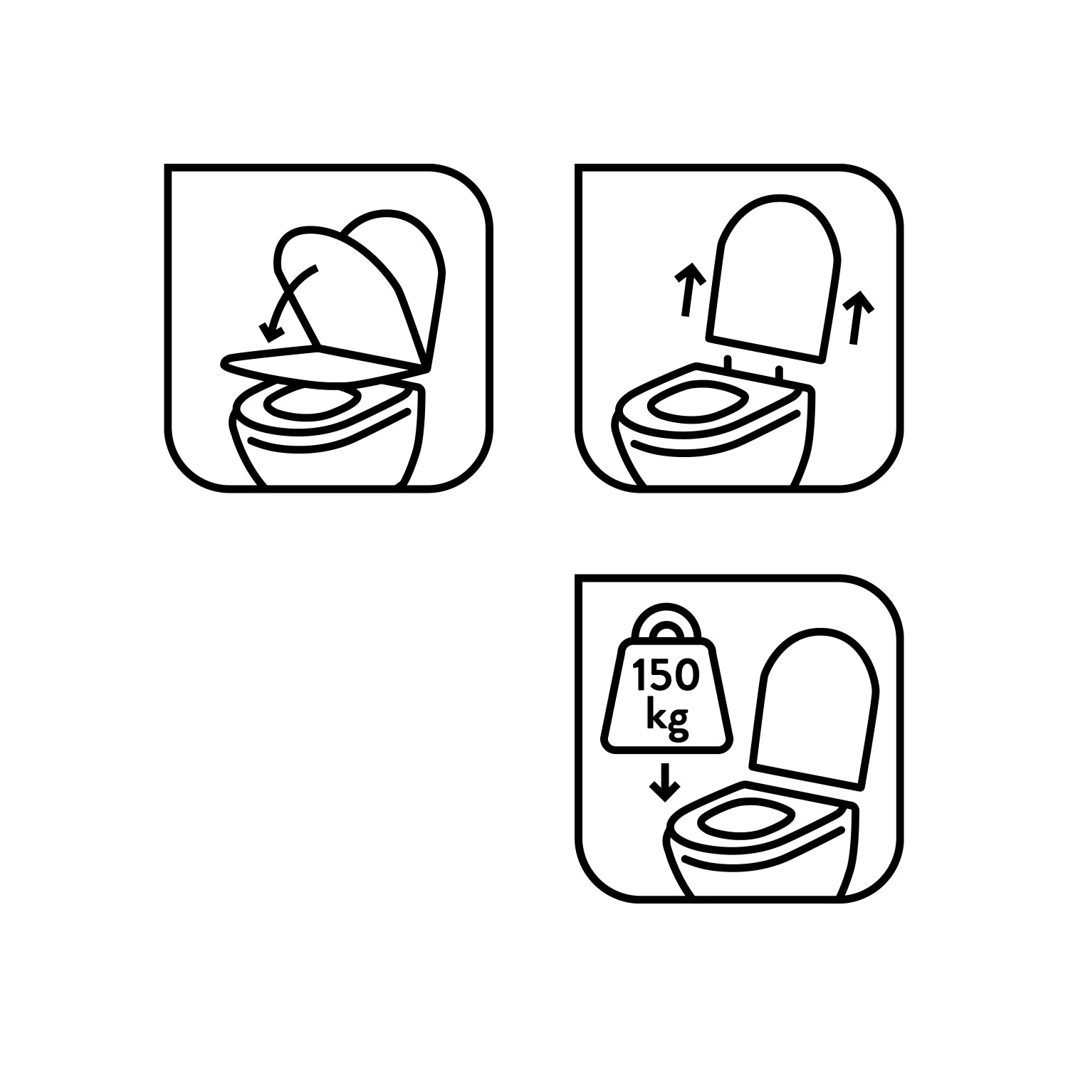 Icons: WC-Sitz Absenkautomatik, Quick-Release Funktion, Belastbarkeit bis 150 kg.