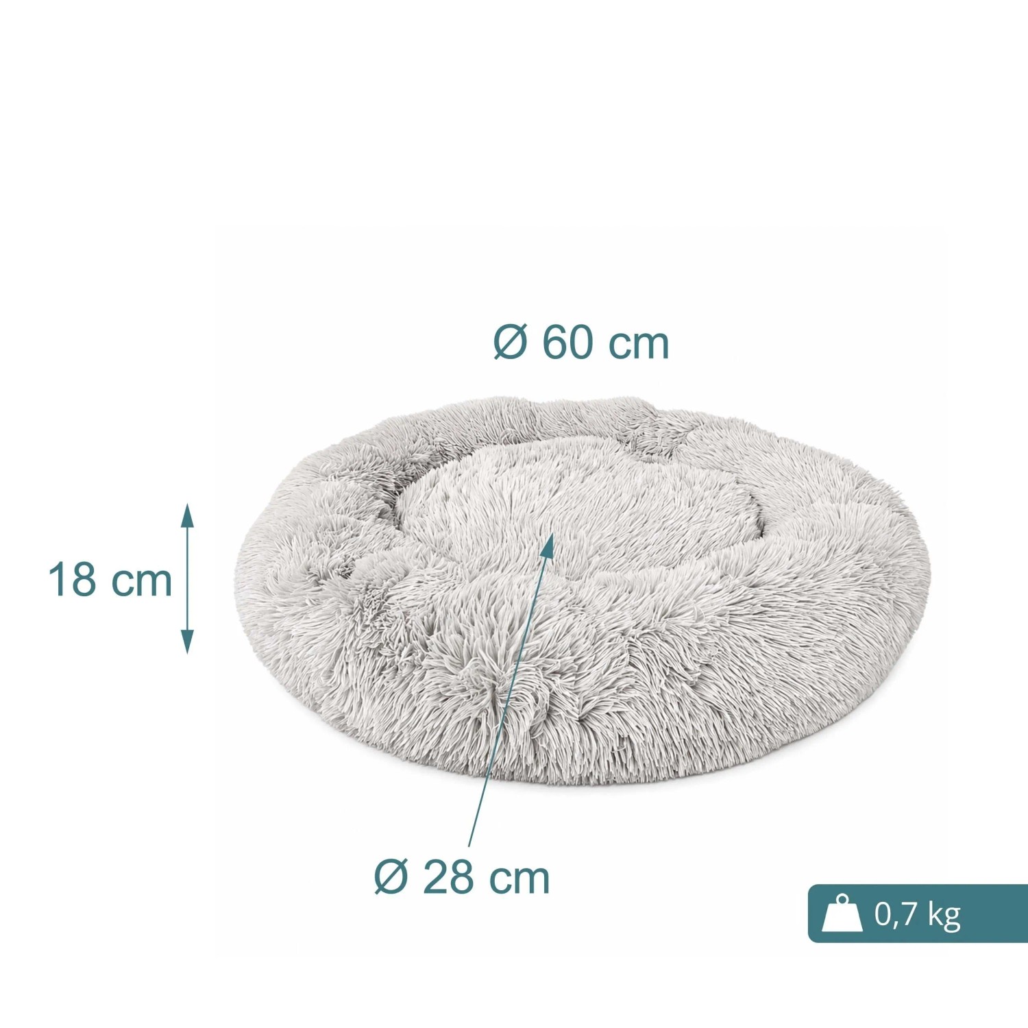 Rundes, hellgraues Hundebett aus flauschigem Zottelplüsch, waschbar, rutschfest, ø 60 cm, 0.7 kg.