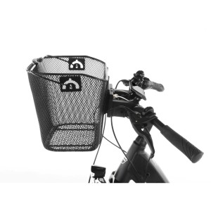 Engmaschiger, schwarzer Fischer E-Bike Korb Plus am Fahrradlenker.