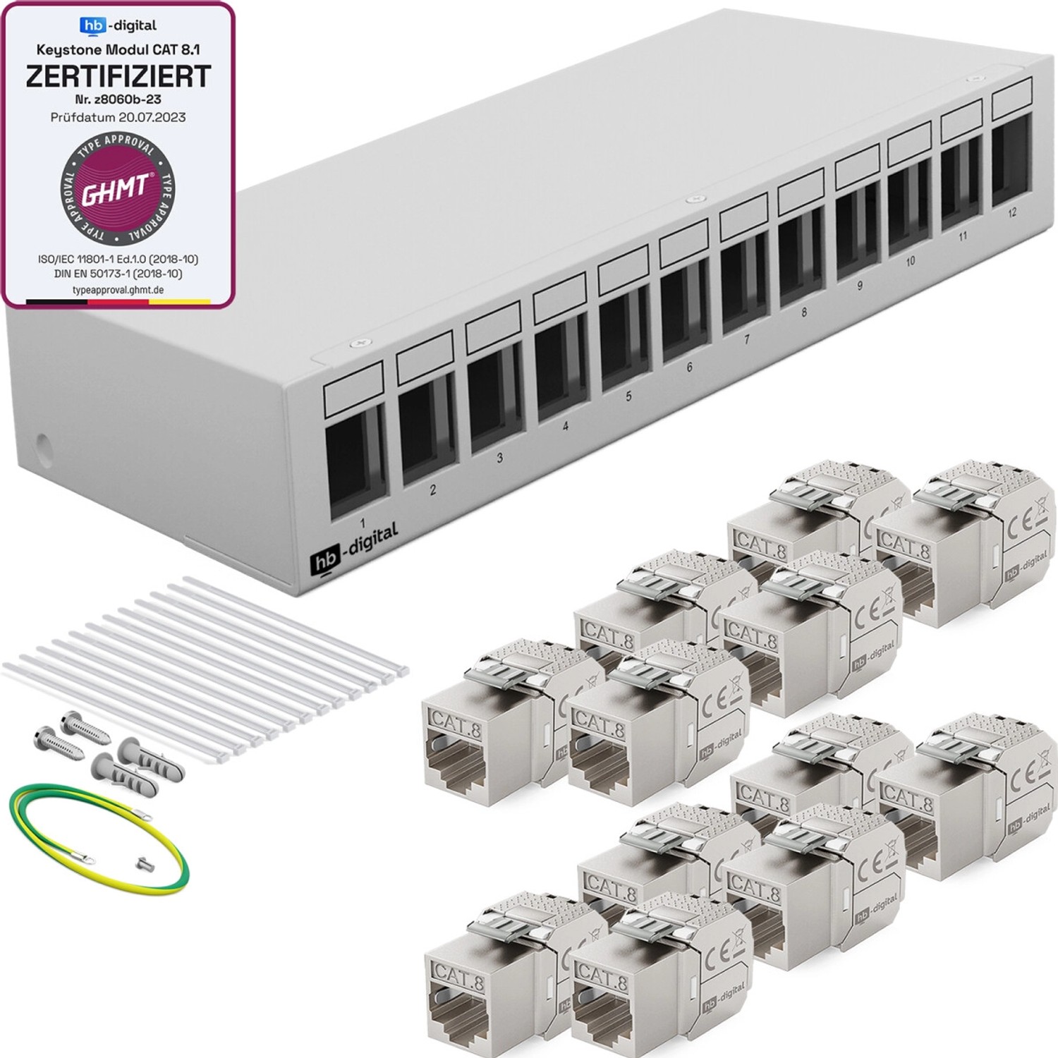 hb-digital Patchfeld 12 Port mit 12x Keystone Module Cat 8 Hellgrau