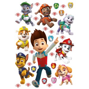 Wandtattoo Paw Patrol mit Ryder, Chase, Marshall, Skye, Rocky, Zuma und Rubble in Braun, Rot und Gelb.