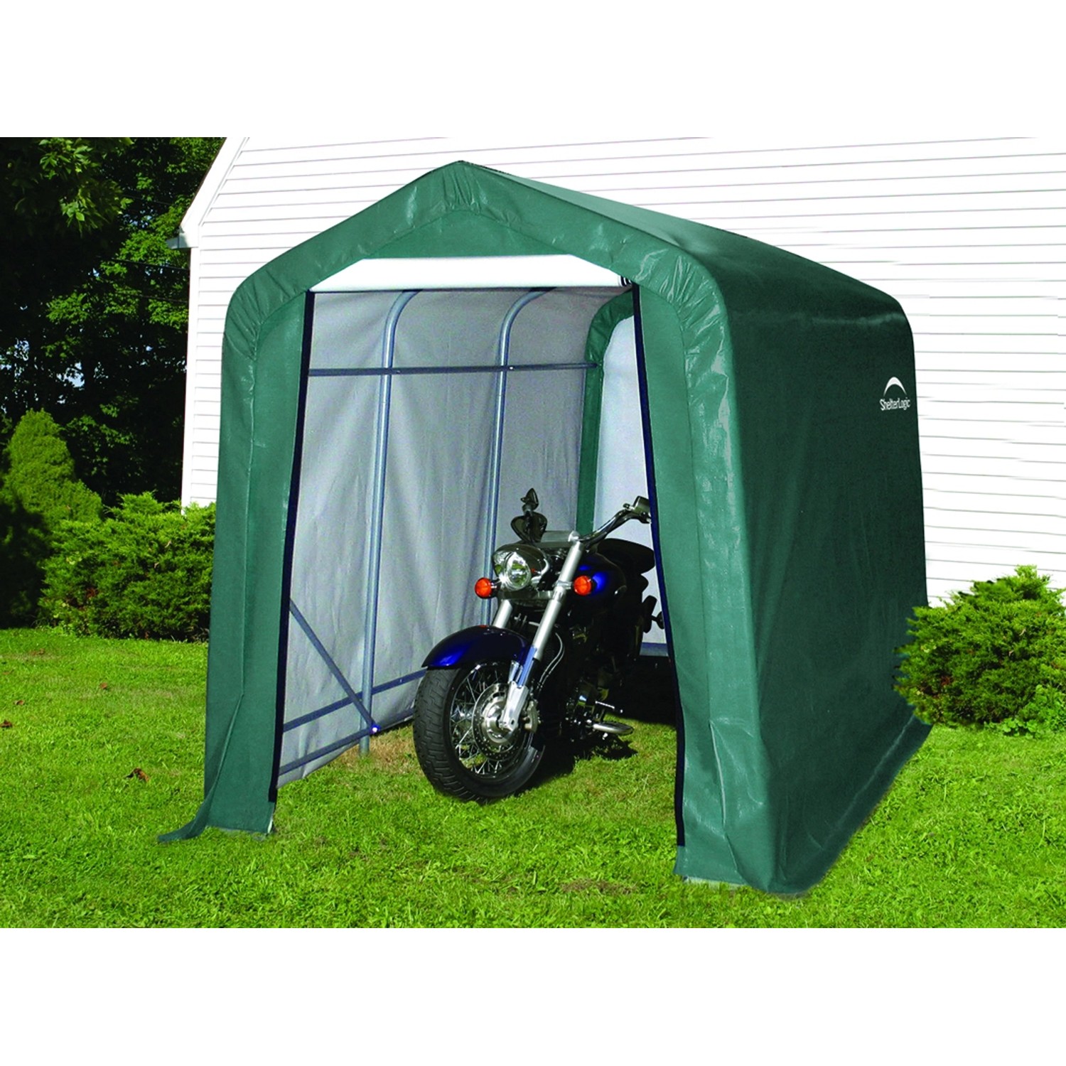 Grüne ShelterLogic Zeltgarage 180x180x180 cm mit Motorrad. Gerätegarage für Garten, Motorrad oder Fahrräder.