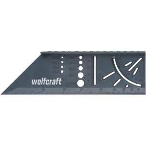 wolfcraft 3-D-Gehrungswinkel aus Kunststoff mit Skala und Bohrlehre für präzise Messungen.
