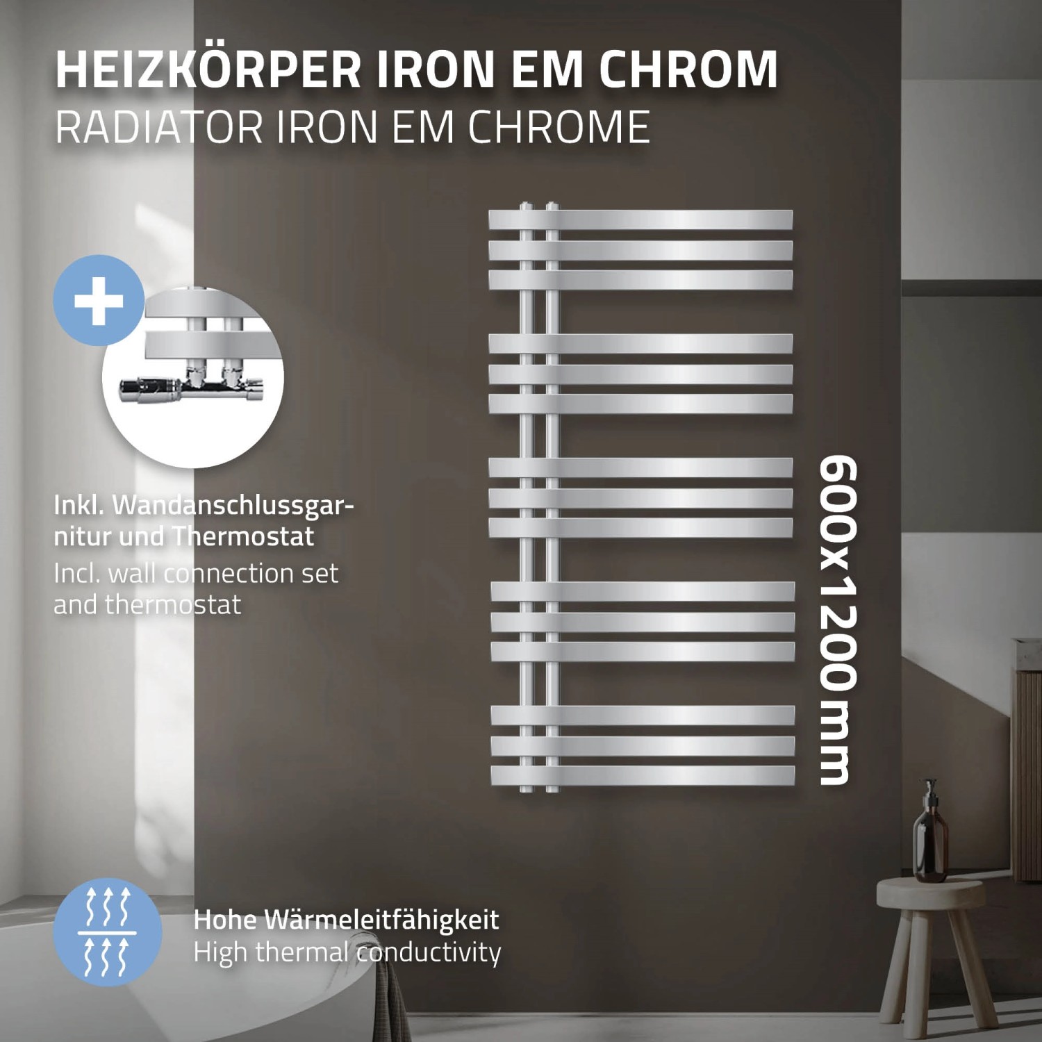 Chrom Badheizkörper 60x120cm mit Thermostat und Eck Wandanschluss.