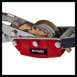 Detailaufnahme: Einhell Handhebelseilzug TC-LW 2000 mit Drahtseil und roter Halterung.