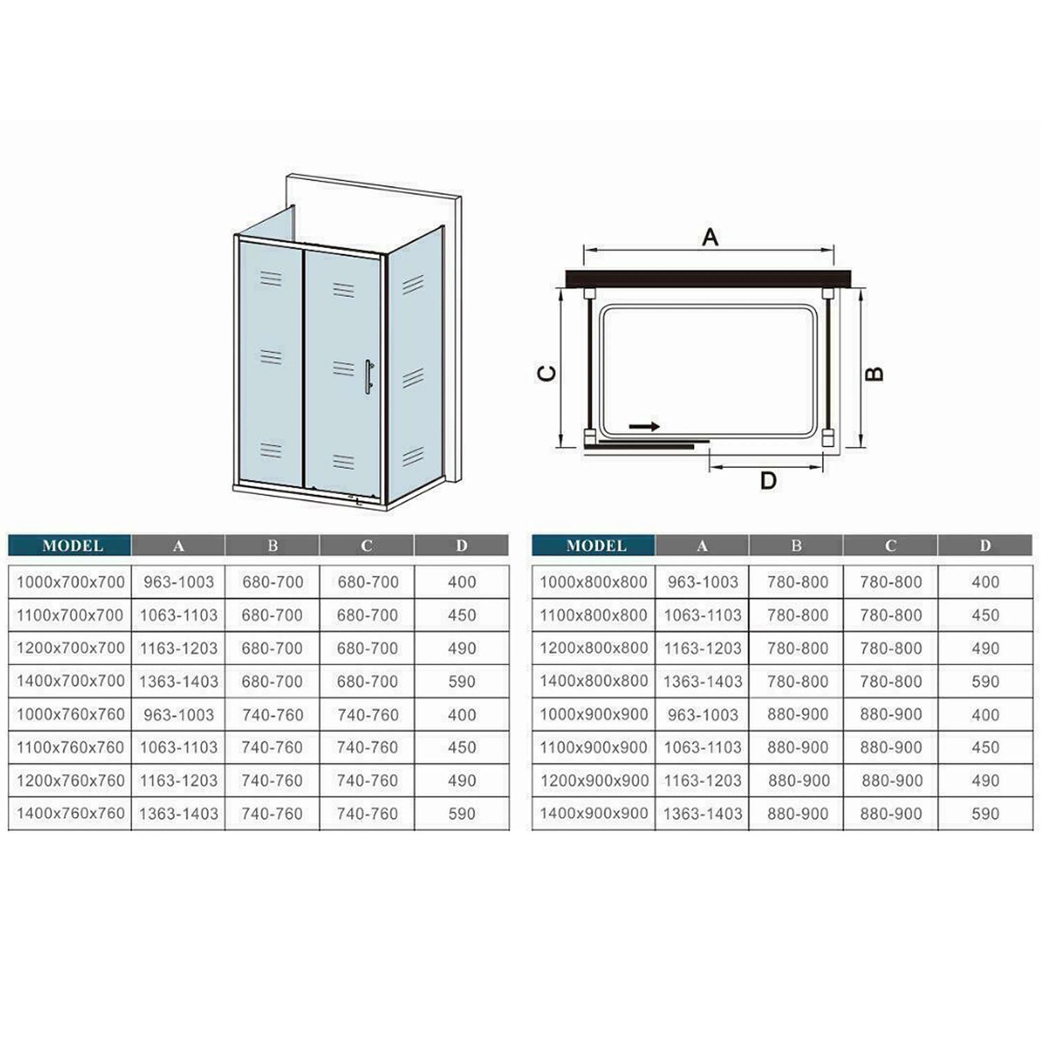AICA U-Form Duschkabine 100x90cm mit Schiebetür und Seitenwand, ESG-Glas. Schemazeichnung mit Maßen.