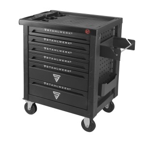 STAHLWERK Werkstattwagen Shark mit 160-teiligem Werkzeug, schwarz, mit sechs Schubladen und Rollen.