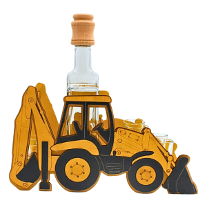 Dekohelden24 Holz Trecker Geschenkset: gelber Traktor mit Greifarm, Karaffe und 6 Schnapsgläsern. Ideal für Landwirte.