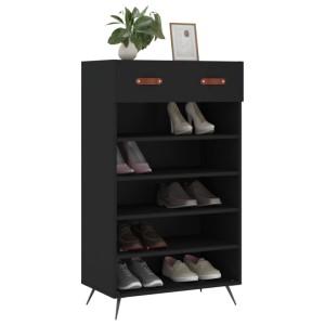 Schwarzer vidaXL Schuhschrank (60x35x105 cm) aus Holzwerkstoff mit Schublade und offenen Fächern.