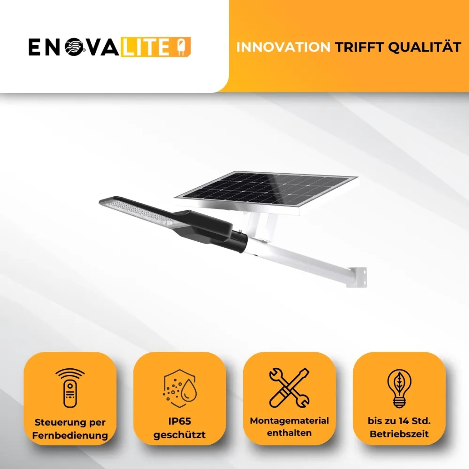 ENOVALITE LED Solar Straßenleuchte 300W mit Solarpanel und Mastbefestigung.