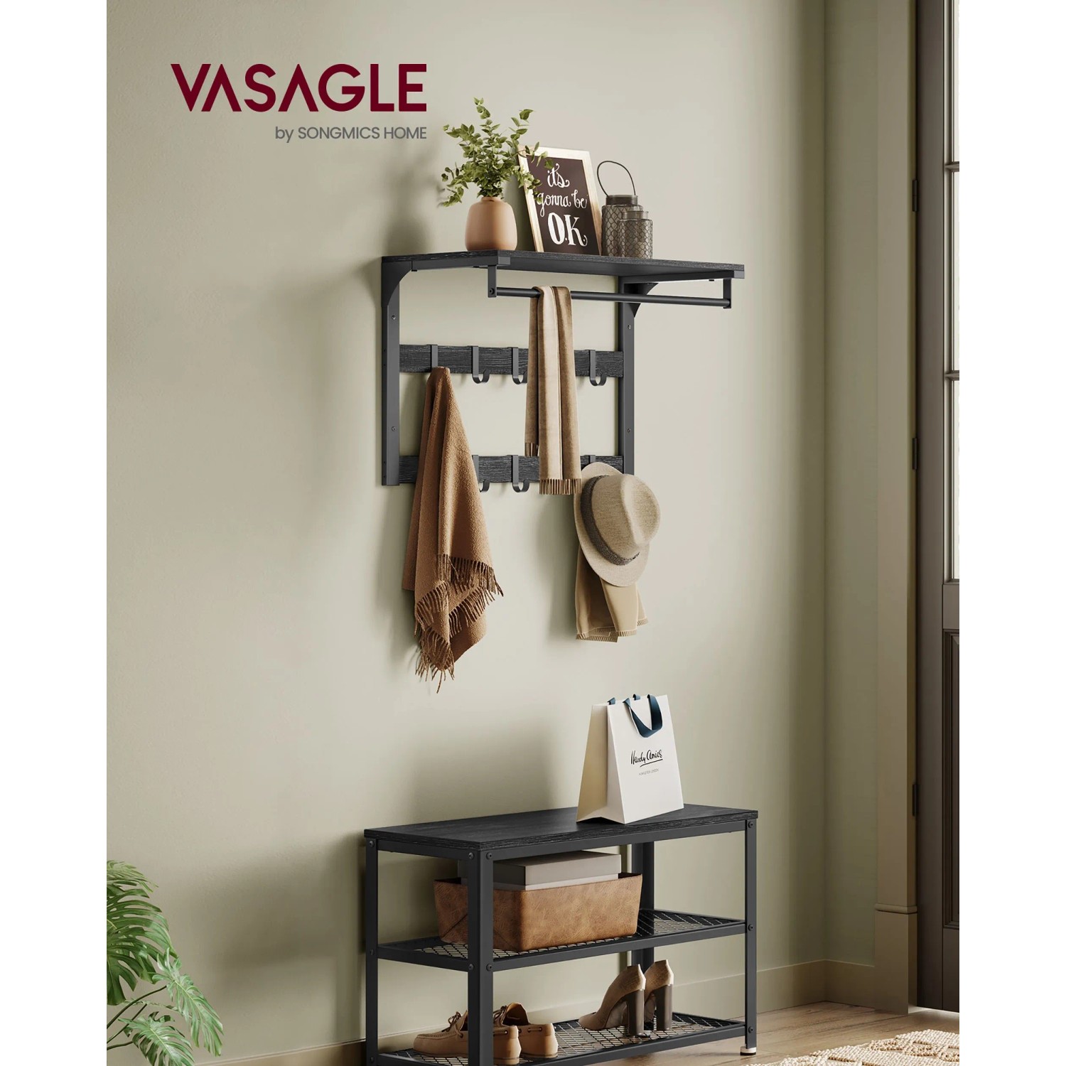 Songmics Wandgarderobe Barnet-old mit Ablage und 10 Haken in Schwarz.
