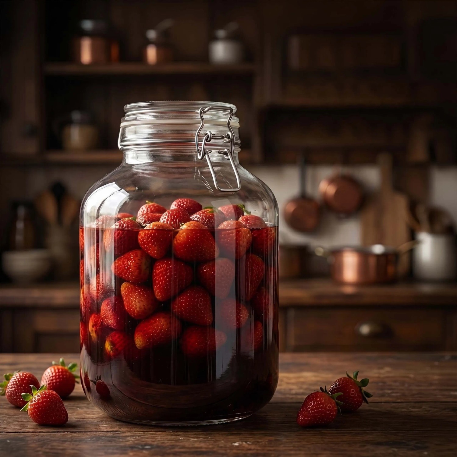 Transparentes Einmachglas mit Bügelverschluss, gefüllt mit Erdbeeren auf Holztisch. Ideal für Küche & Vorrat, 3 l.