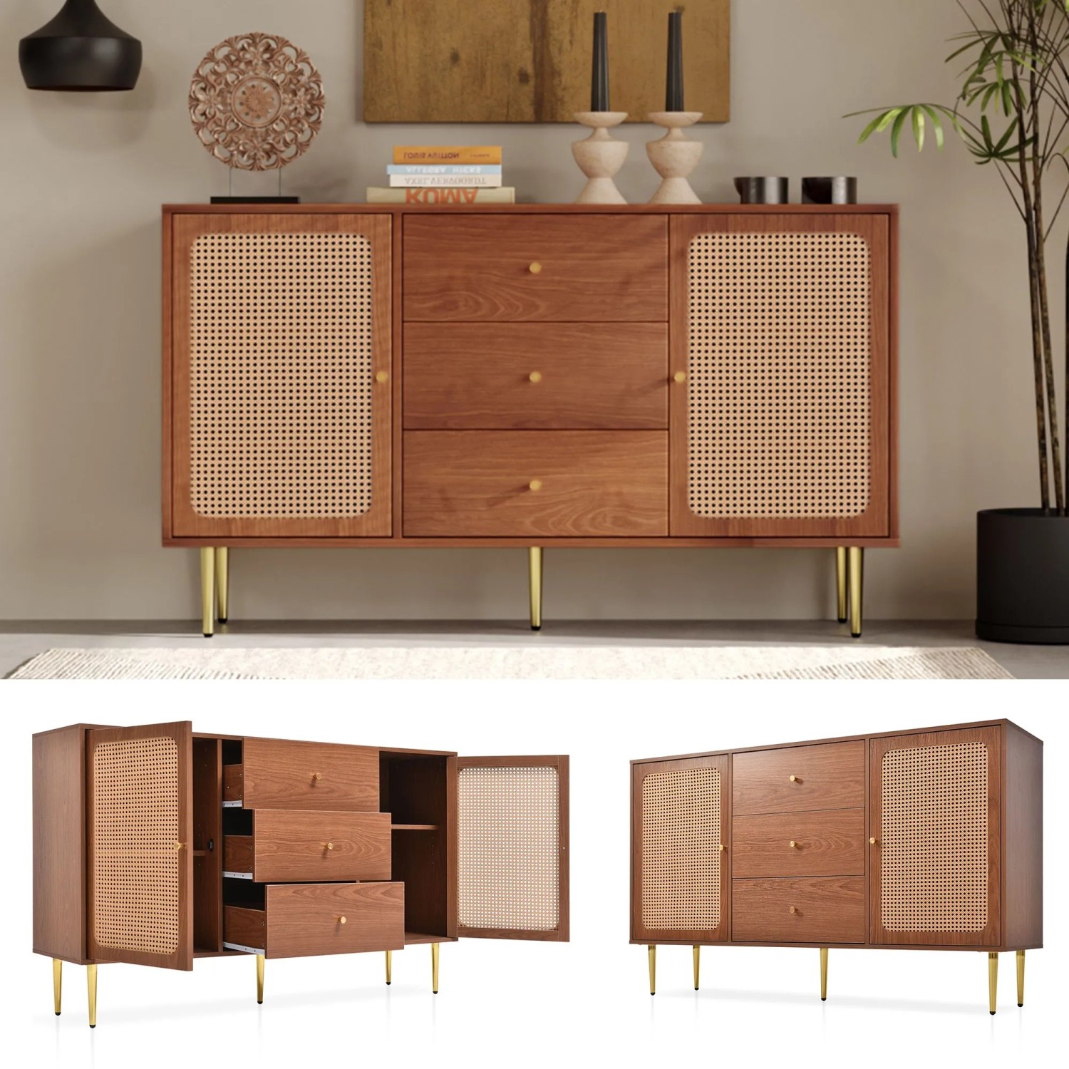 Merax Rattan Kommode in Nussbaumoptik mit 3 Schubladen, 2 Türen und goldfarbenen Beinen. Vintage Wohnzimmerschrank.