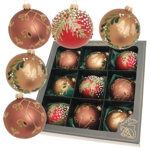 9-tlg. Set Krebs Glas Lauscha Weihnachtskugeln (8cm) in Braun-, Rot- und Goldtönen mit Glocken- und Zweigmotiven.