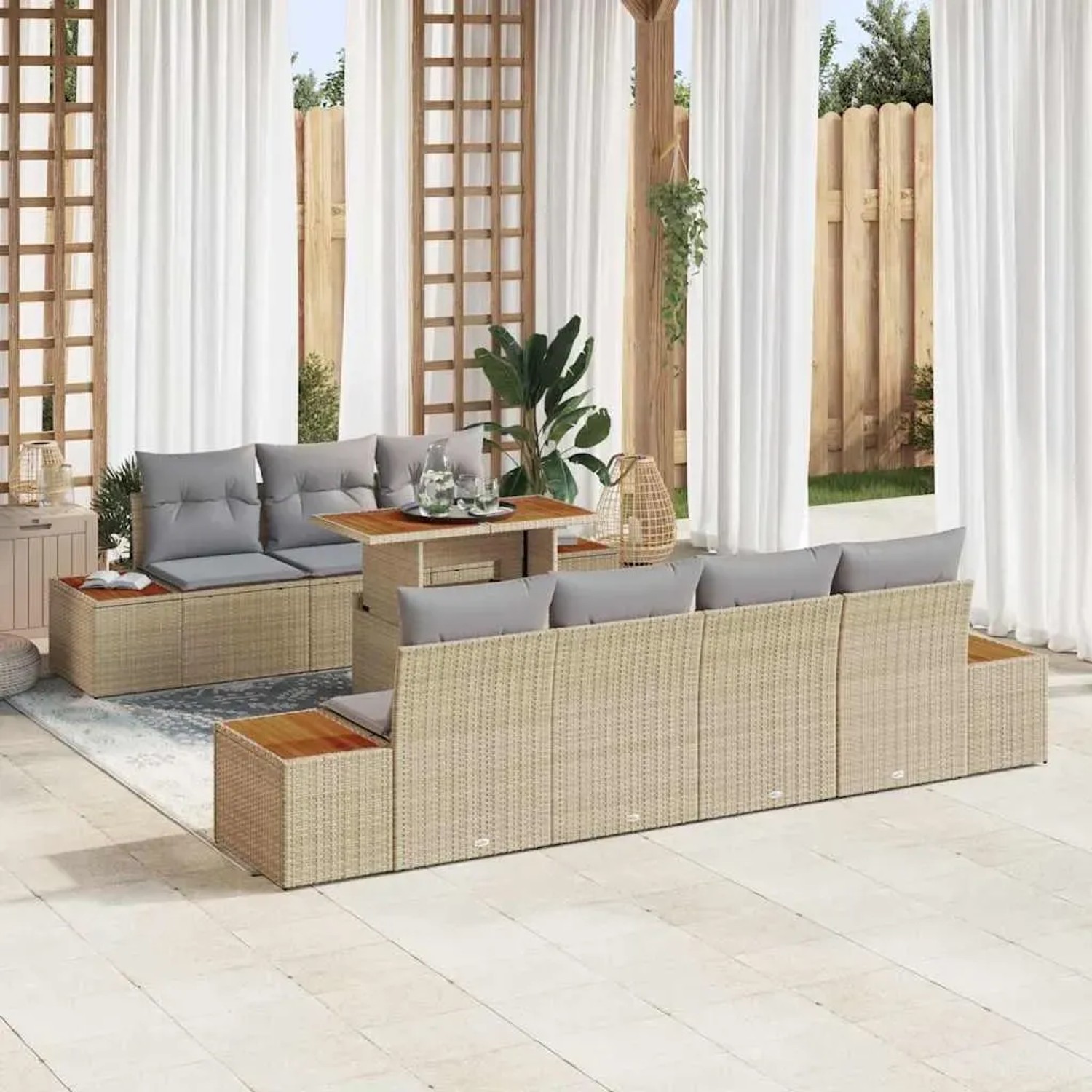 Beiges 8-teiliges vidaXL Garten-Sofa-Set aus Poly Rattan mit Tisch und Stauraum.