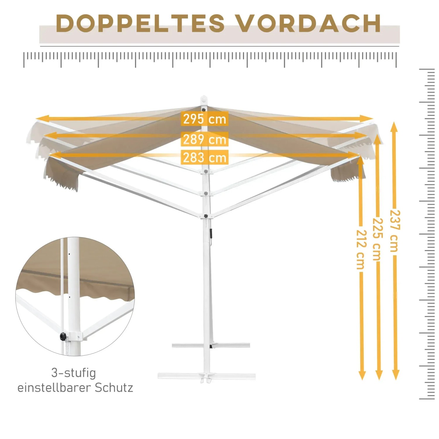 Detailansicht Outsunny Standmarkise, cremeweiß, mit Maßangaben zu Höhe und Breite.