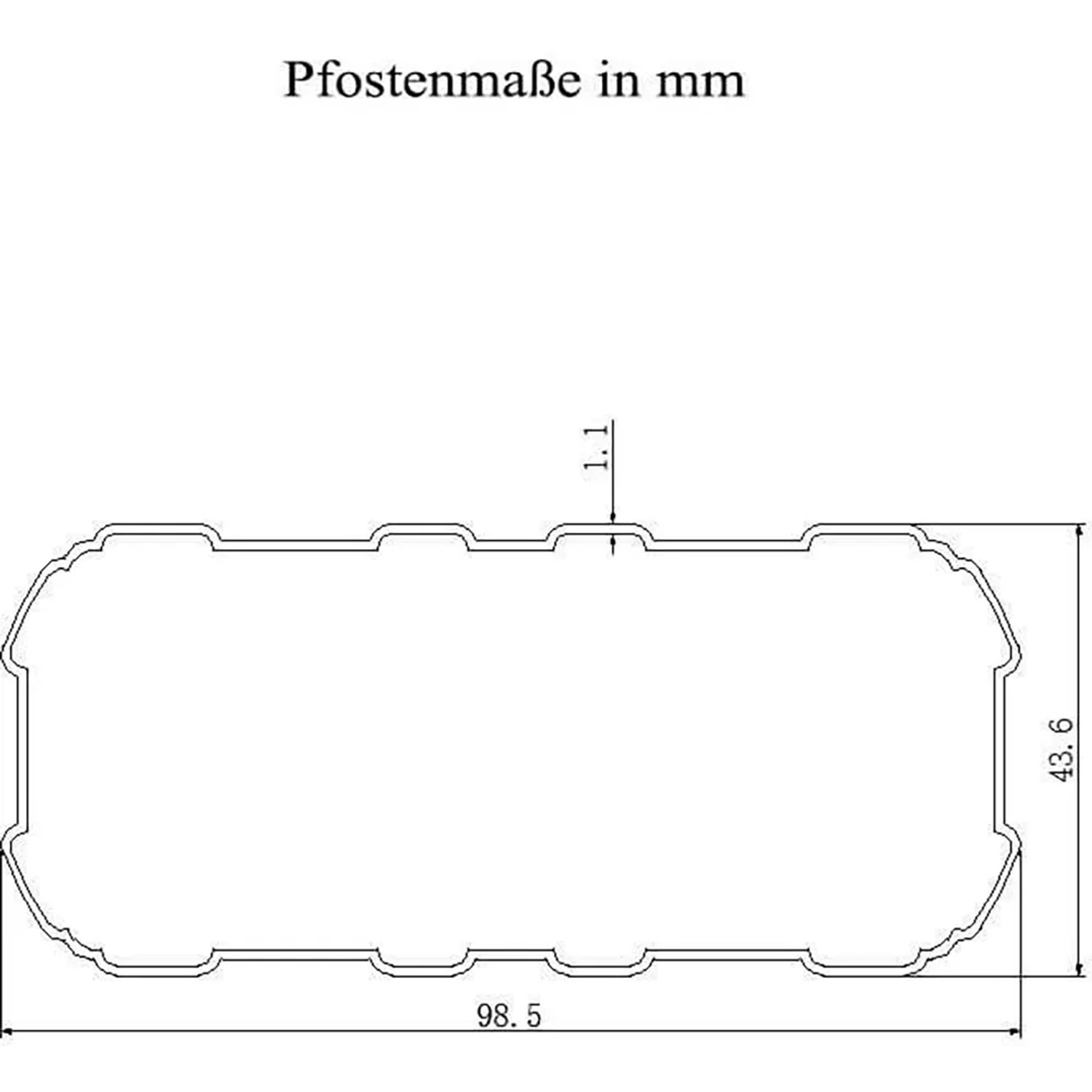 Skizze der Pfostenmaße (98,5 x 43,6 mm) der Home Deluxe Terrassenüberdachung Solis.
