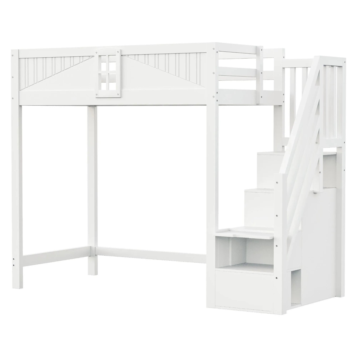 okwish Hochbett 90x200cm mit Sicherheitstür Fenster Stauraumleiter Jugendbett Weiß ohne Matratze