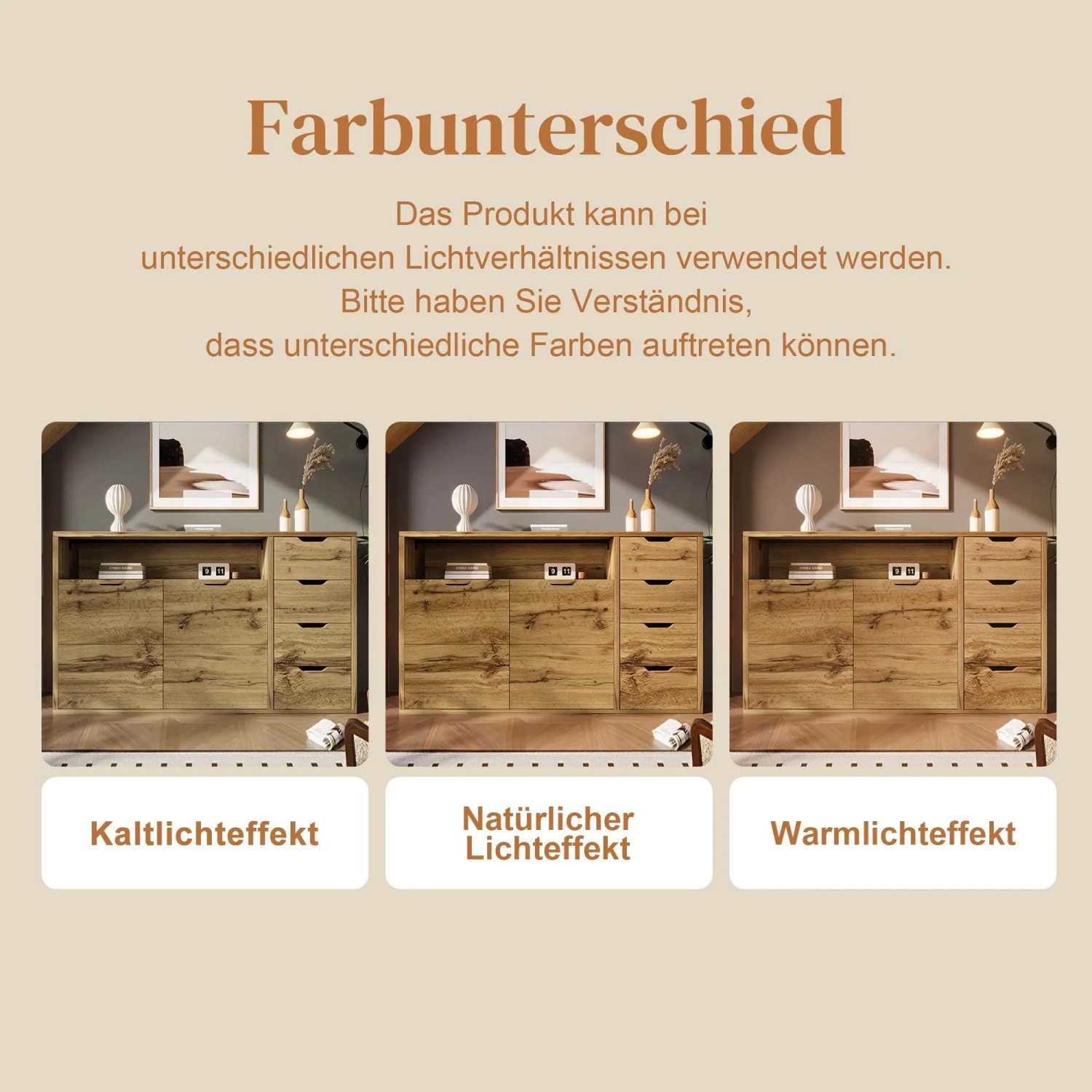 Drei Merax Sideboards Eiche unter Kalt-, Natur- und Warmlicht, zeigen Farbunterschiede des Wohnzimmerschranks.