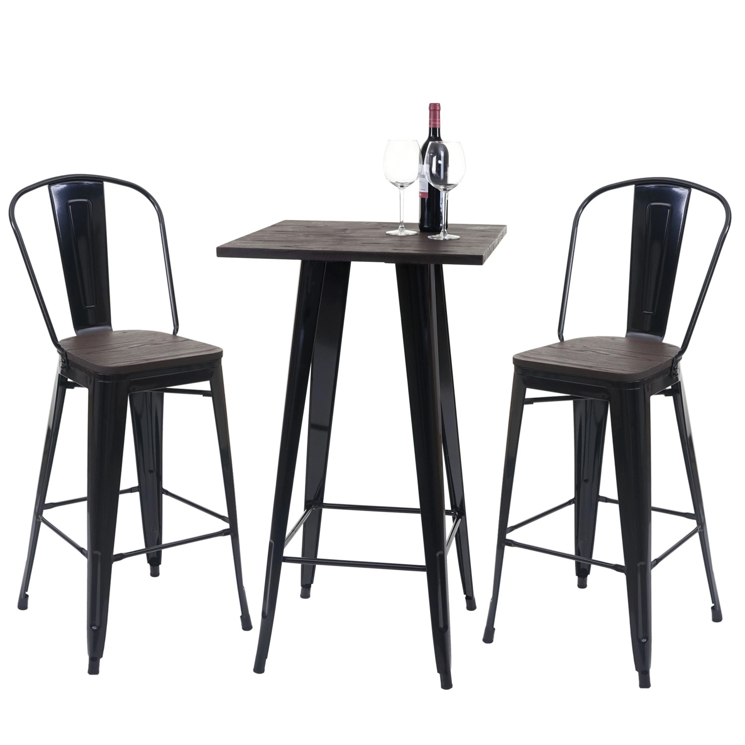 MCW Stehtisch-Set A73, 3-teilig, schwarz, mit Holzplatte und 2 Barhockern.