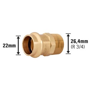 Übergangsnippel aus Rotguss, 22 mm x 26,4 mm (R 3/4) für Pressfittings.