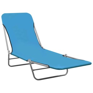 Klappbare, blaue Sonnenliege aus Stahl und Stoff, ideal für Garten und Strand.