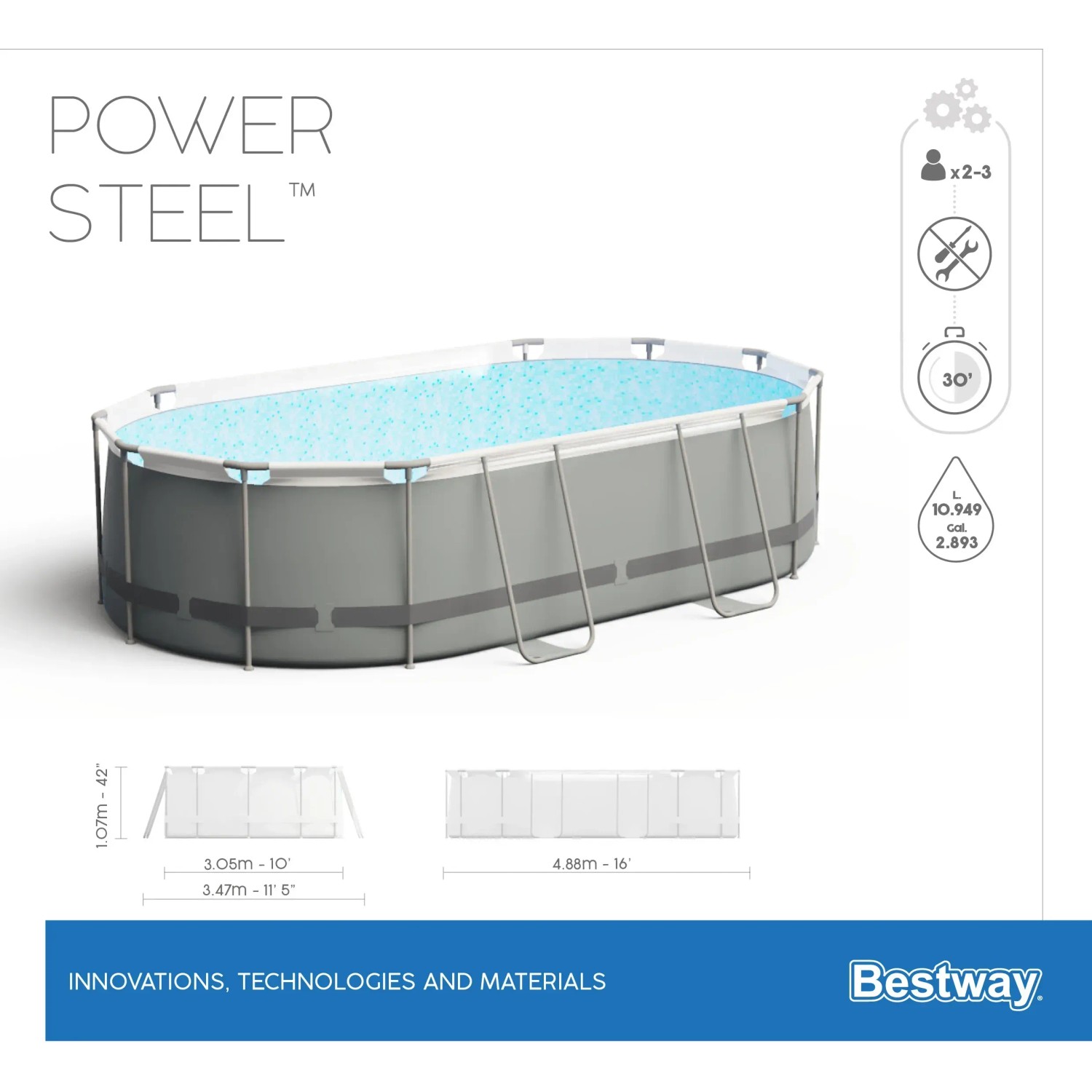Bestway Frame Pool Power Steel, ovales Komplett-Set, 488x305x107 cm, grau. Stahlrahmenpool mit Zubehör.