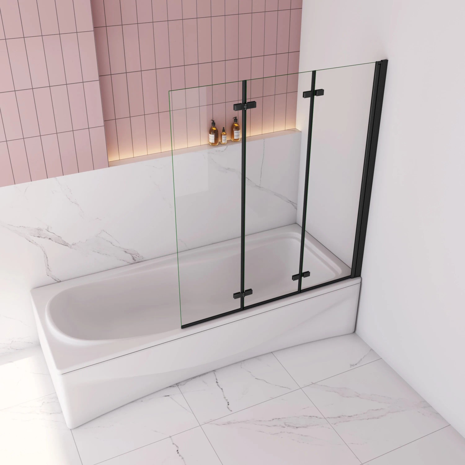 AICA Badewanneaufsatz 130x140cm, 3-teilige Faltwand aus ESG Glas mit schwarzem Rahmen.